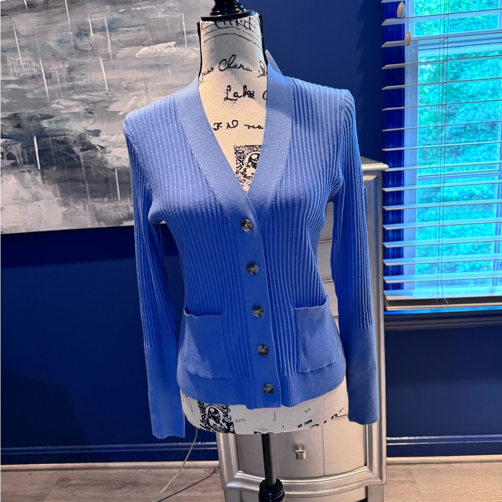 LOFT Sky Blue Ribbed Cardigan